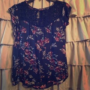 Dark blue floral short sleeve blouse